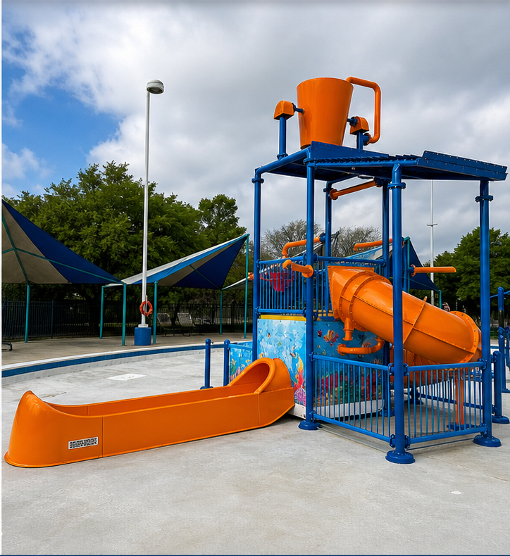 After restoration close-up showing improved gloss and color on fiberglass water slide surface