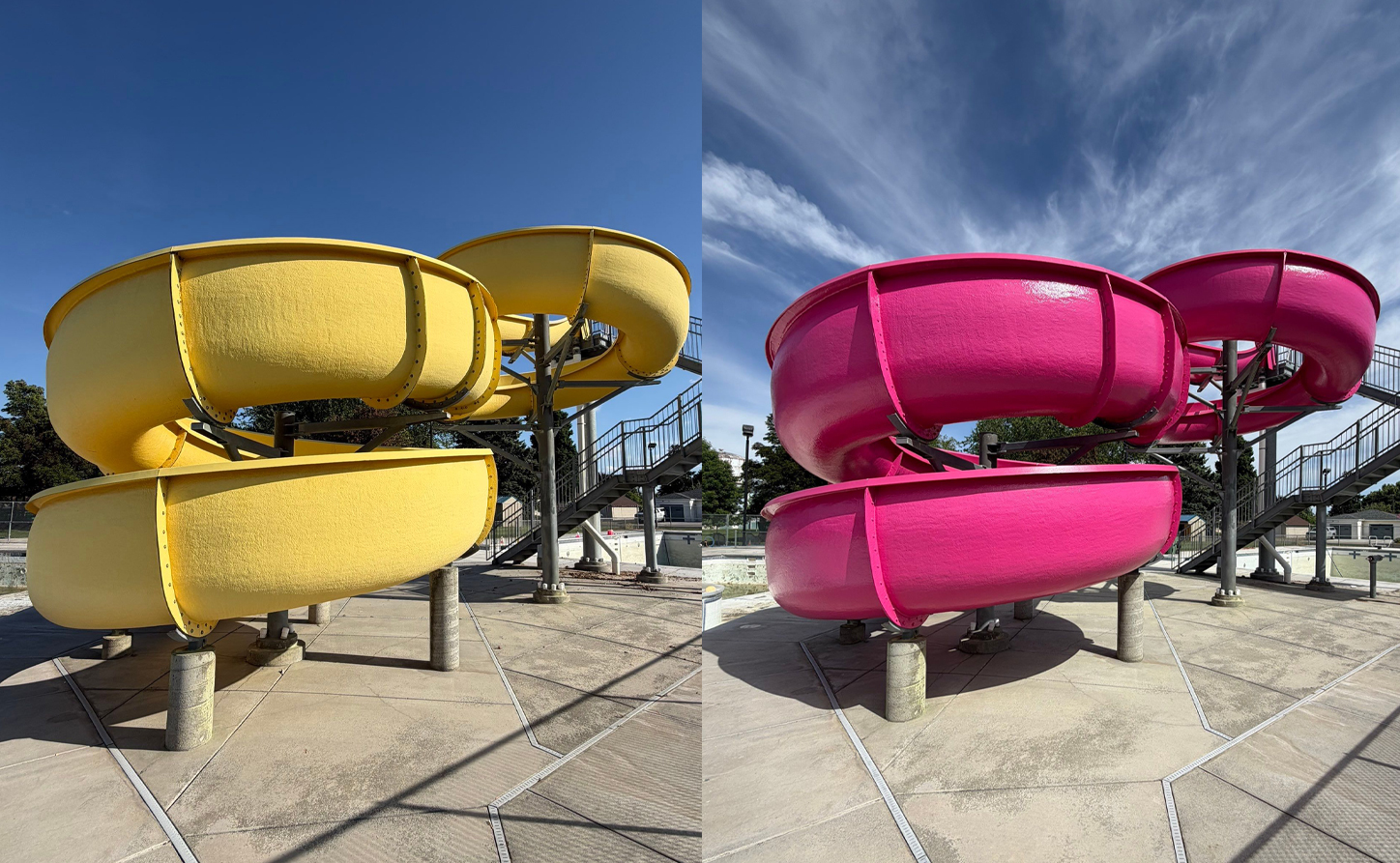 Completed vibrant pink waterslide restoration project at Ritzville Waterpark