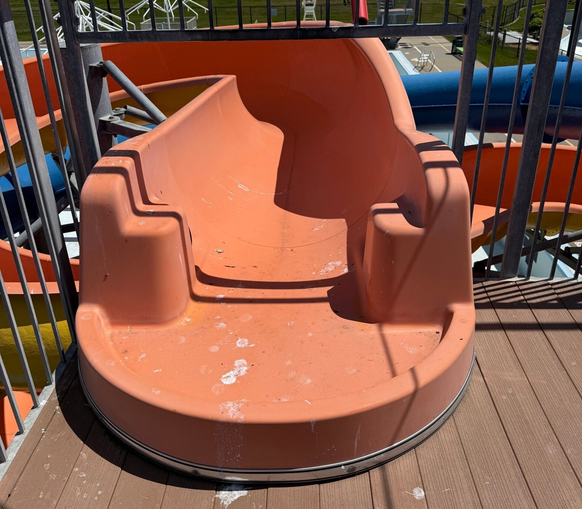 Open flume start tub before fiberglass repair at Pella Aquatic Center