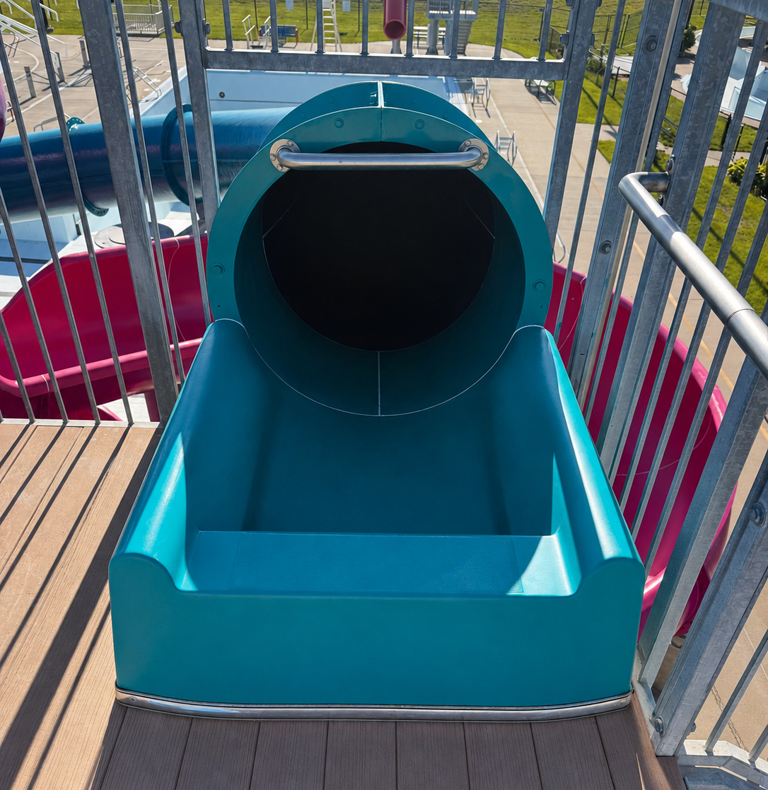 Restored enclosed body slide start tub at Pella Aquatic Center